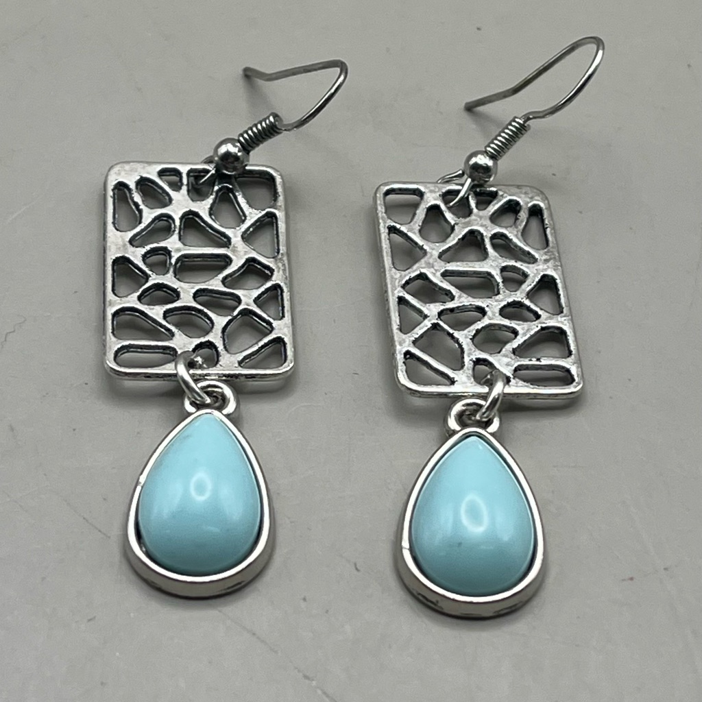 Silver Tone And Aqua Blue Geometric Teardrop Earrings-Handcrafted Statement Gift